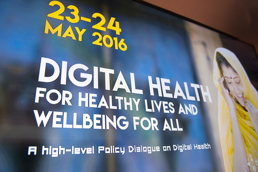 Digital display från en konferens 2016 med titeln DIGITAL HEALTH FOR HEALTHY LIVES AND WELLBEING FOR ALL.