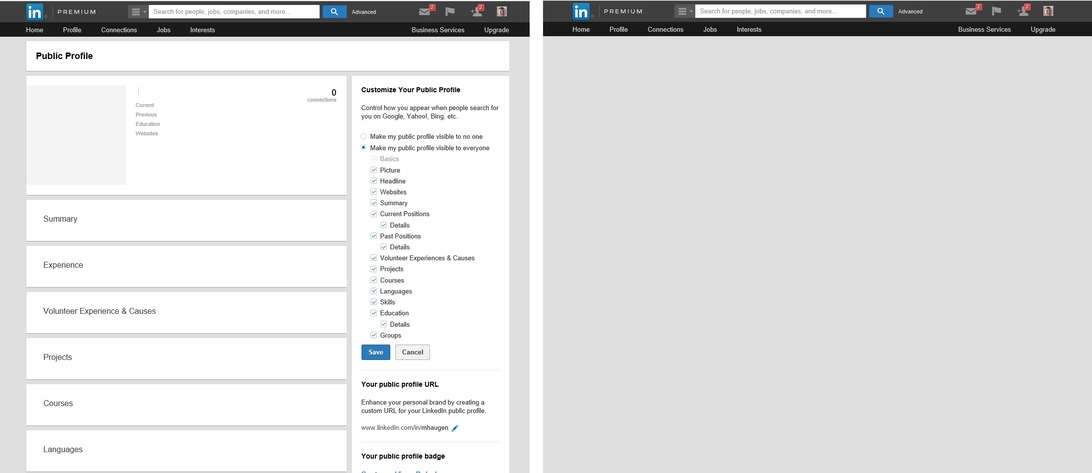 En skärmdump av LinkedIn-plattformen som visar sidan för profilens synlighet och anpassningsinställningar. Gränssnittet visar alternativ för att kontrollera hur ens offentliga profil visas för andra.