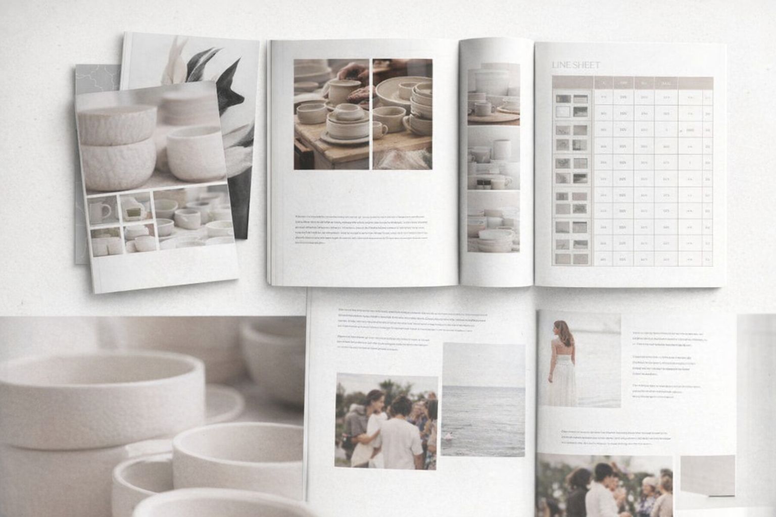 Öppna kataloger och foldrar som visar produktfoton och tabeller.